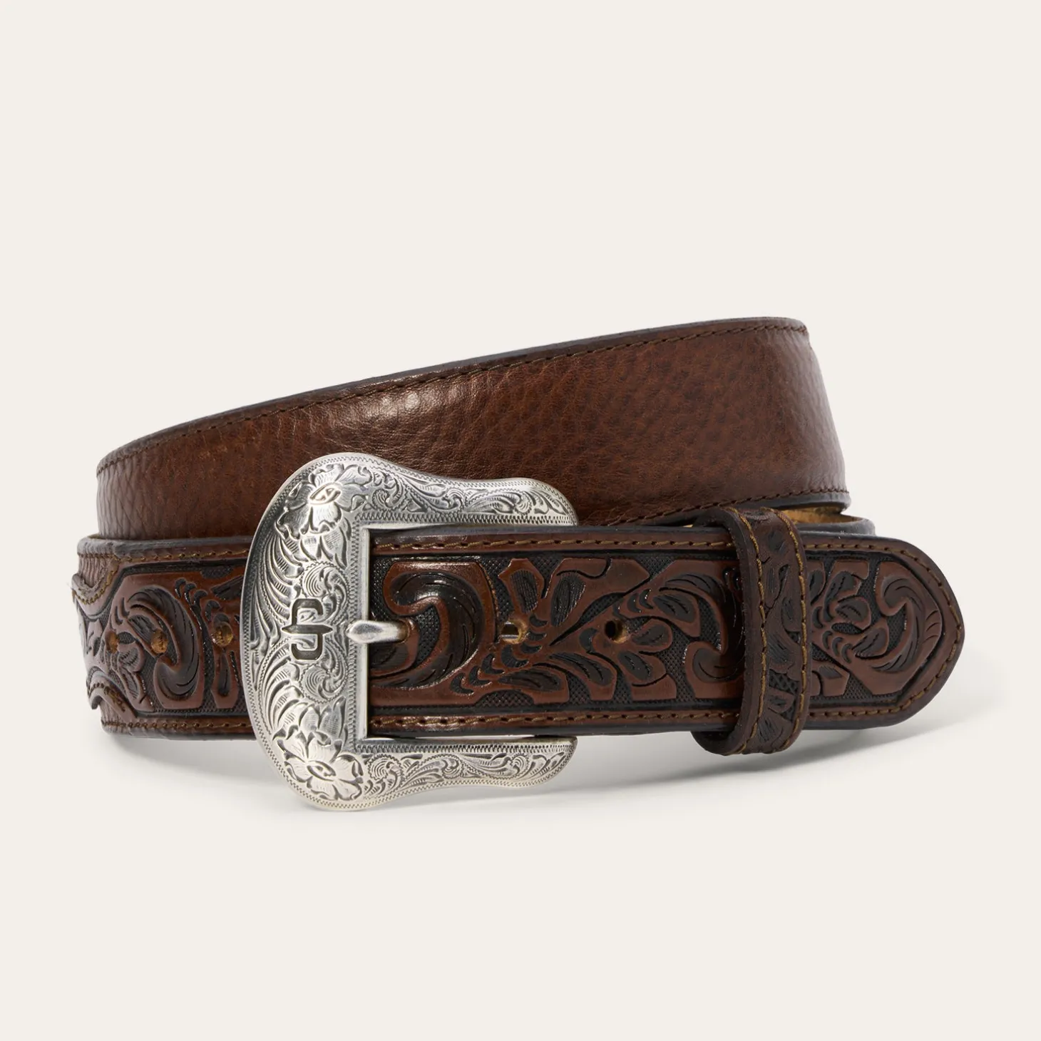 Bison Leather Tooled Tab Belt
