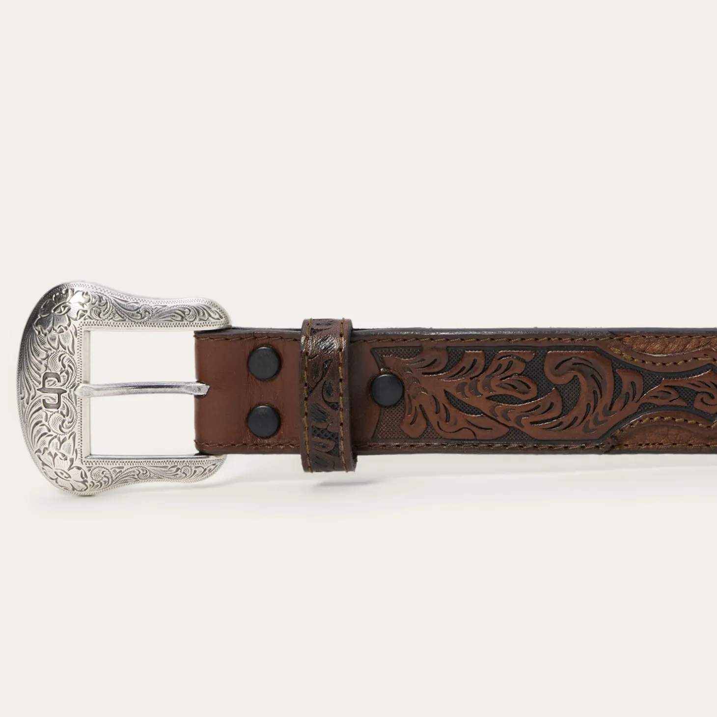 Bison Leather Tooled Tab Belt