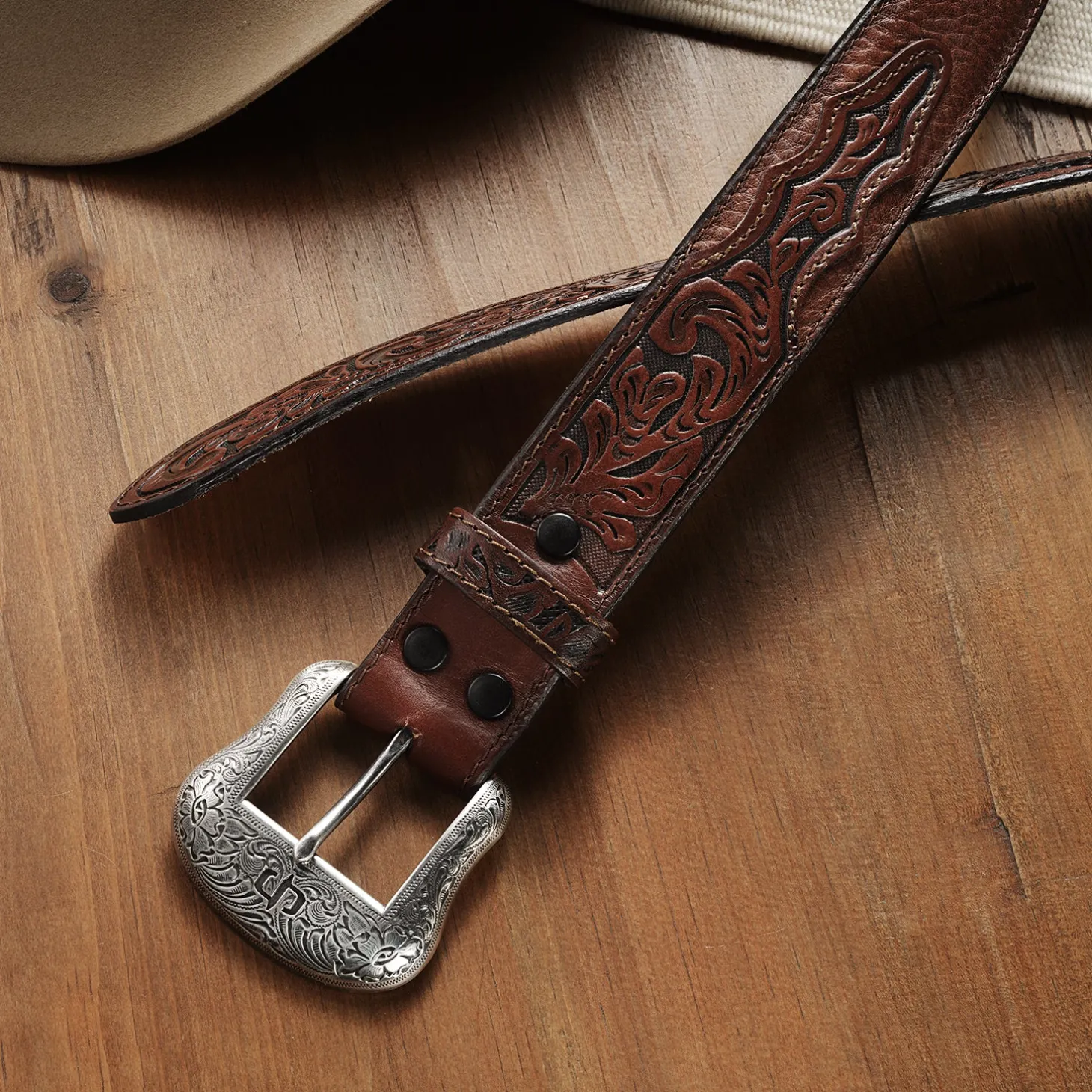 Bison Leather Tooled Tab Belt