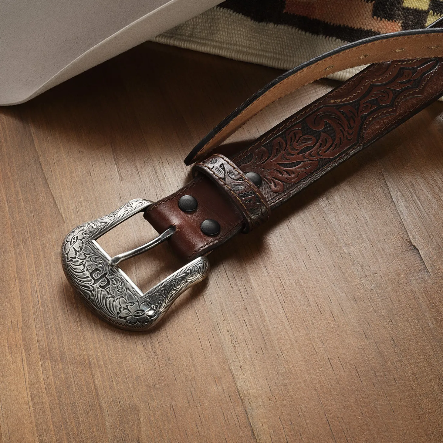 Bison Leather Tooled Tab Belt