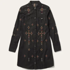 Embroidered Black Denim Shirt Dress