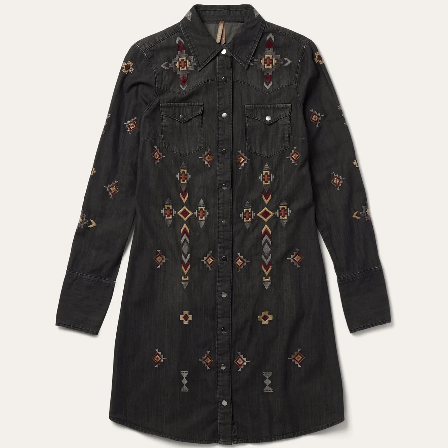Embroidered Black Denim Shirt Dress