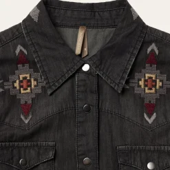 Embroidered Black Denim Shirt Dress