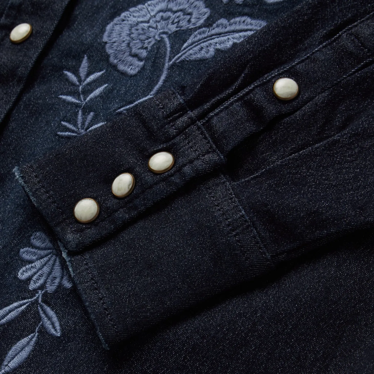 Embroidered Dark Denim Snap Front Shirt