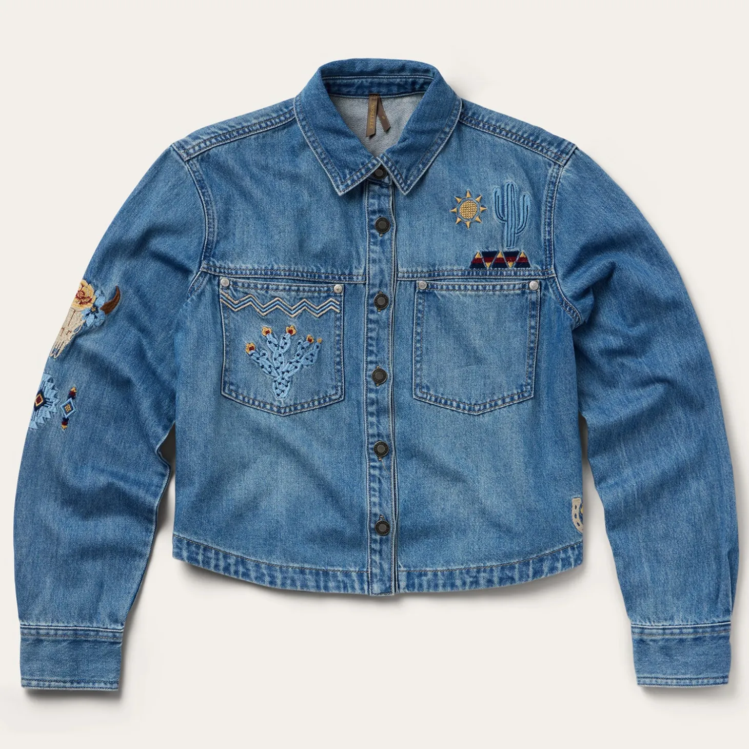 Embroidered Denim Button-Up Cropped Shirt