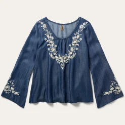 Embroidered Denim Peasant Blouse