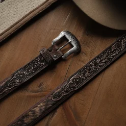 Hair-on-Hide Tooled Tab Belt