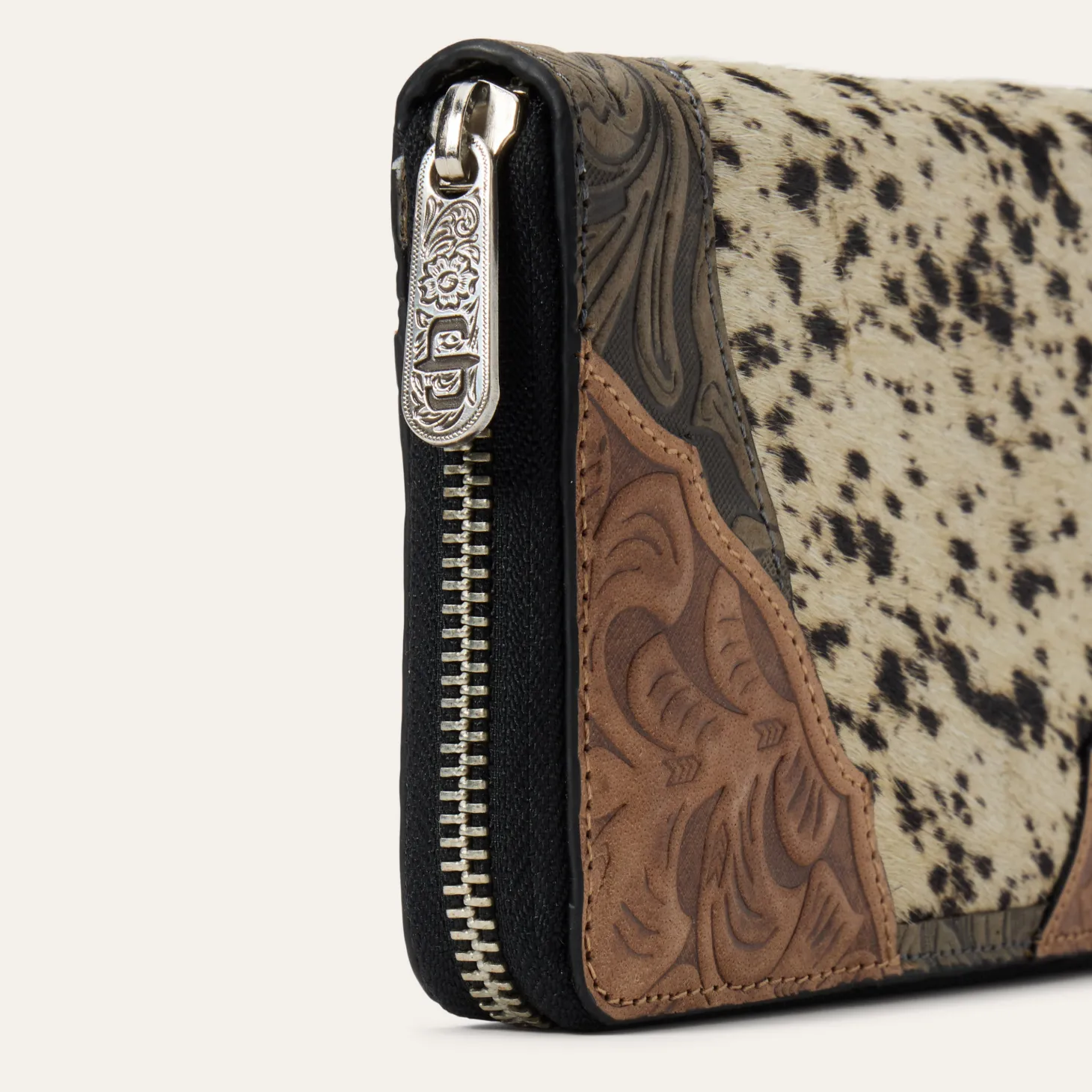 Hair-On-Hide Tooled Zip Wallet