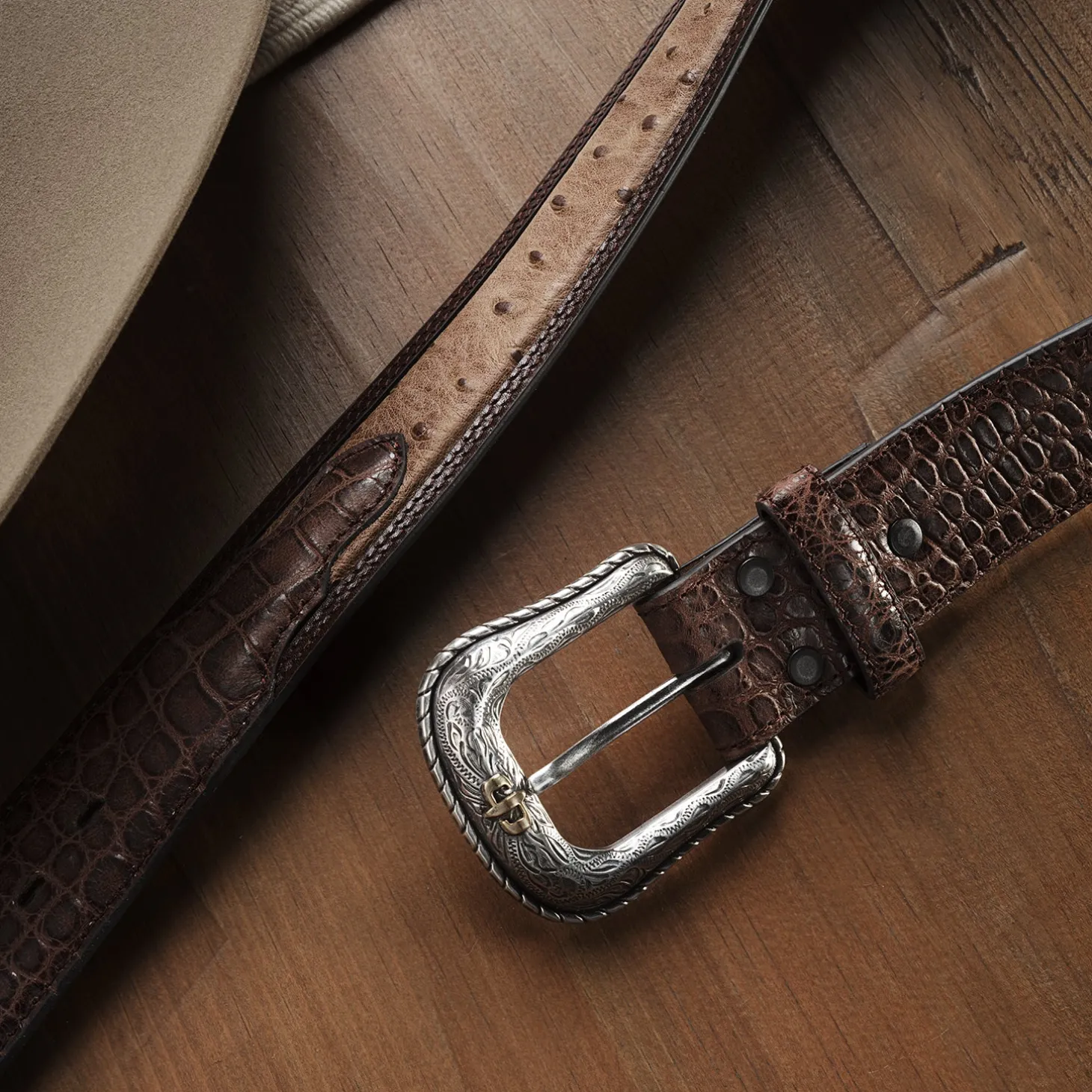 Ostrich Print Croco Embossed Western Tabs Belt