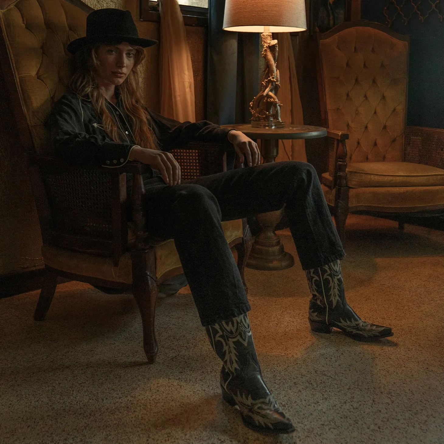 Tina Black & White Flame Embroidered Cowboy Boot