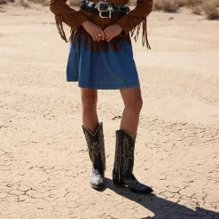 Tina Black & White Flame Embroidered Cowboy Boot