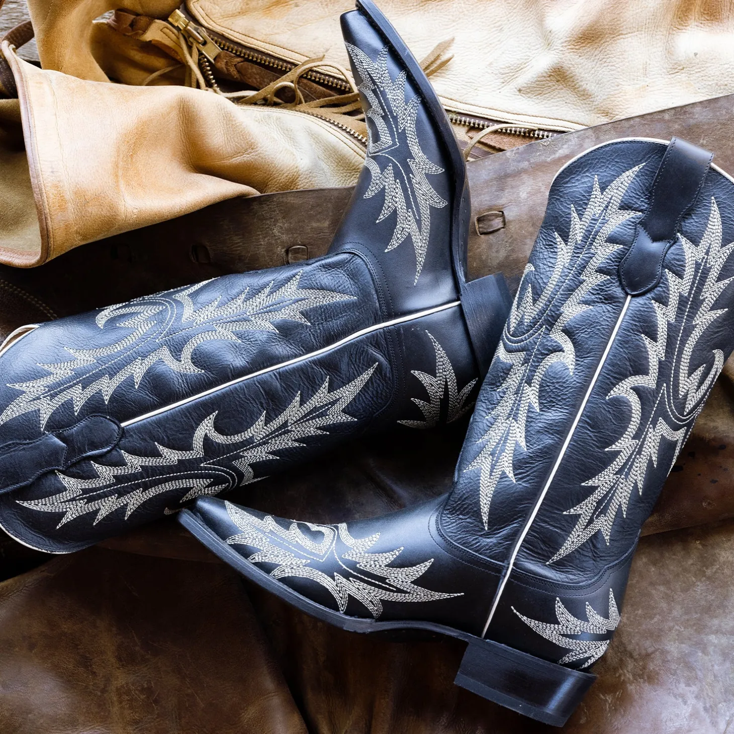 Tina Black & White Flame Embroidered Cowboy Boot