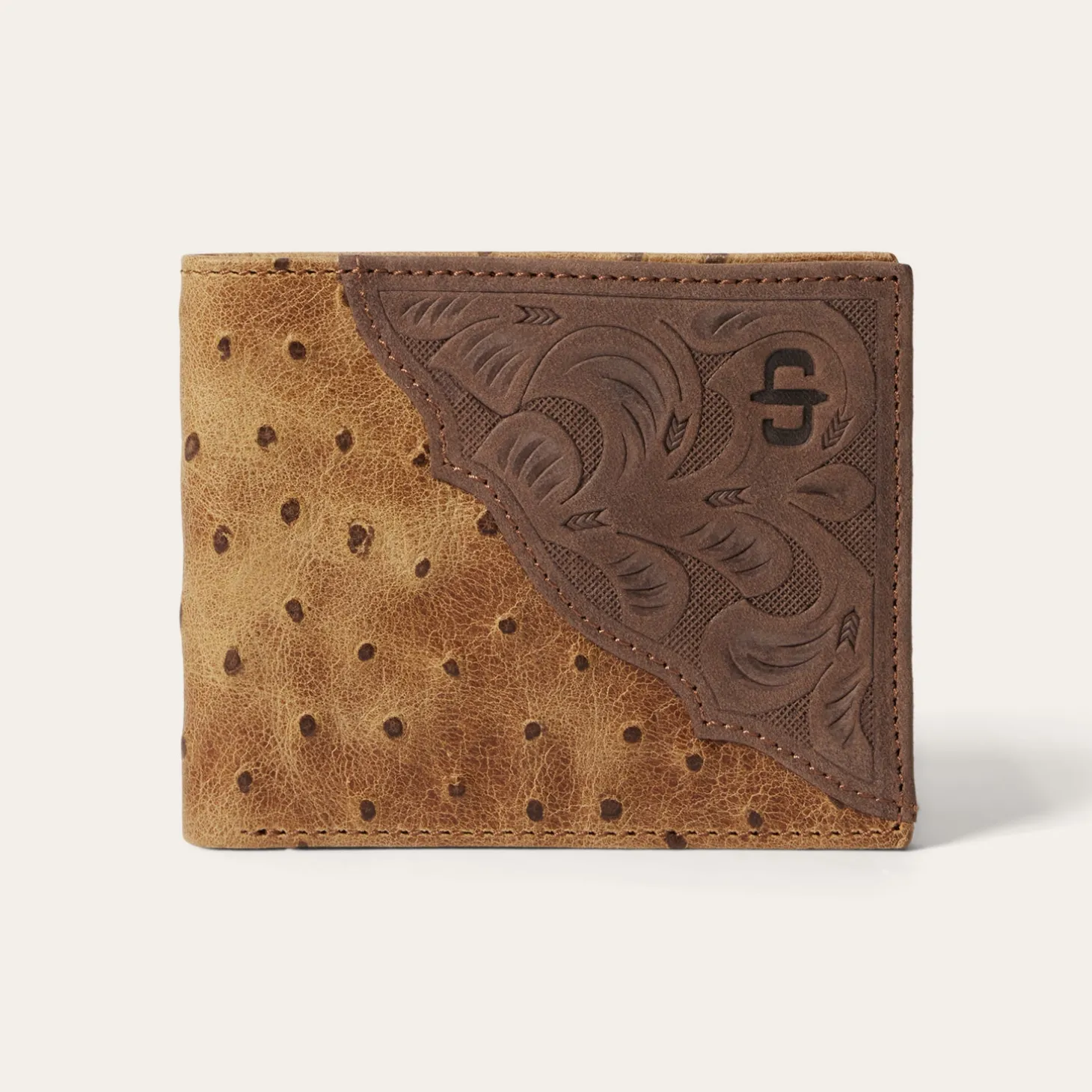 Tooled Embossed Ostrich Bi-Fold Wallet