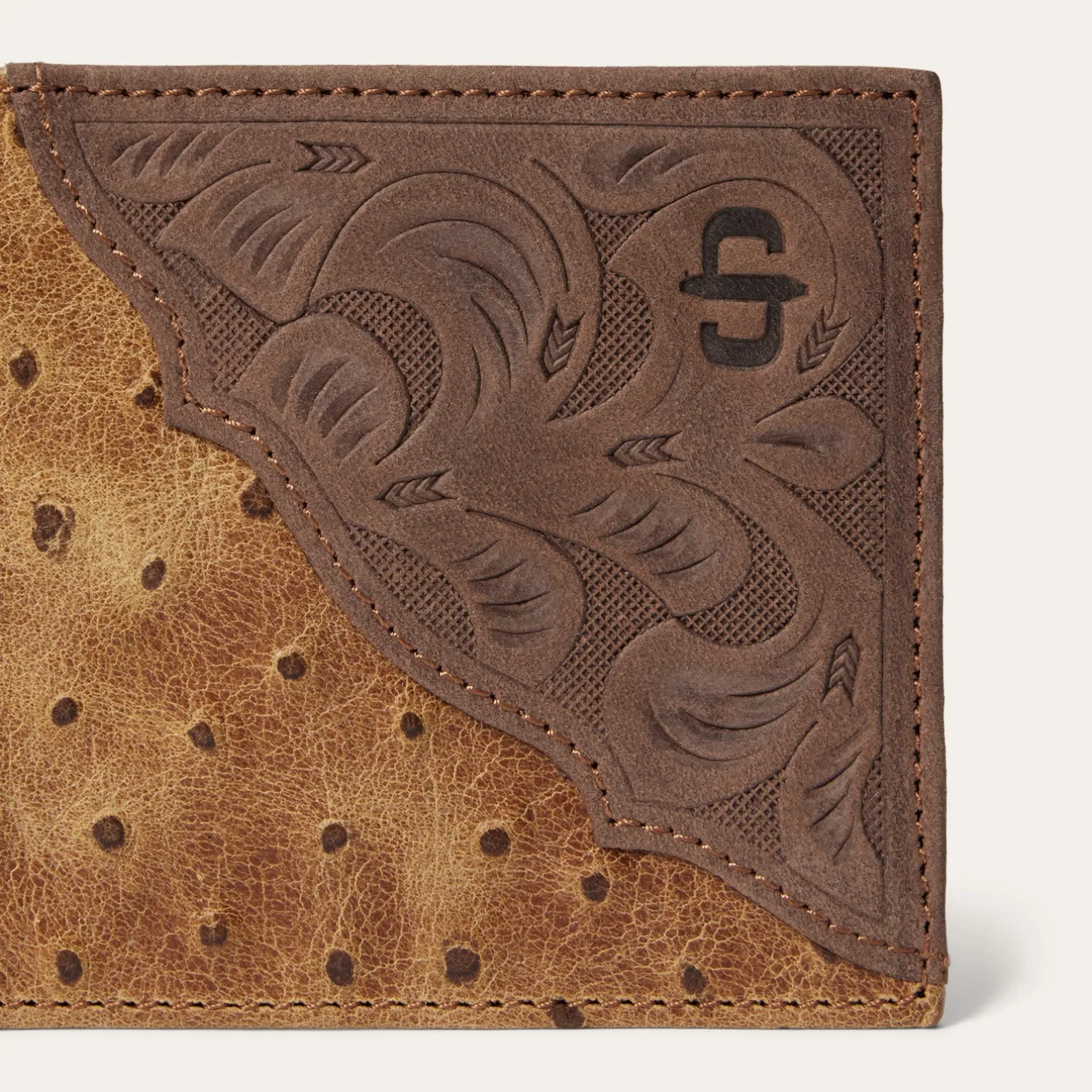 Tooled Embossed Ostrich Bi-Fold Wallet